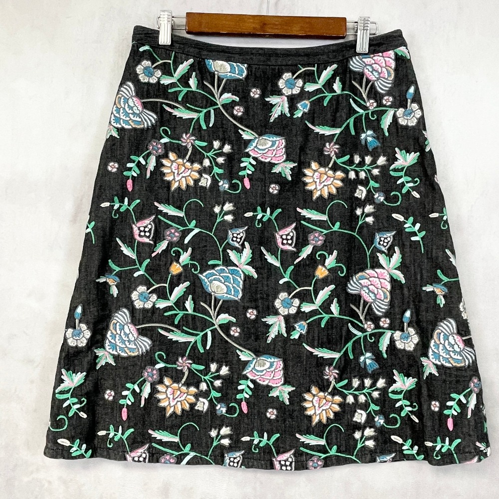 Dana Buchman Womens Skirt 6  A‎ Line Denim Embroidered Floral Boho Cottagecore
